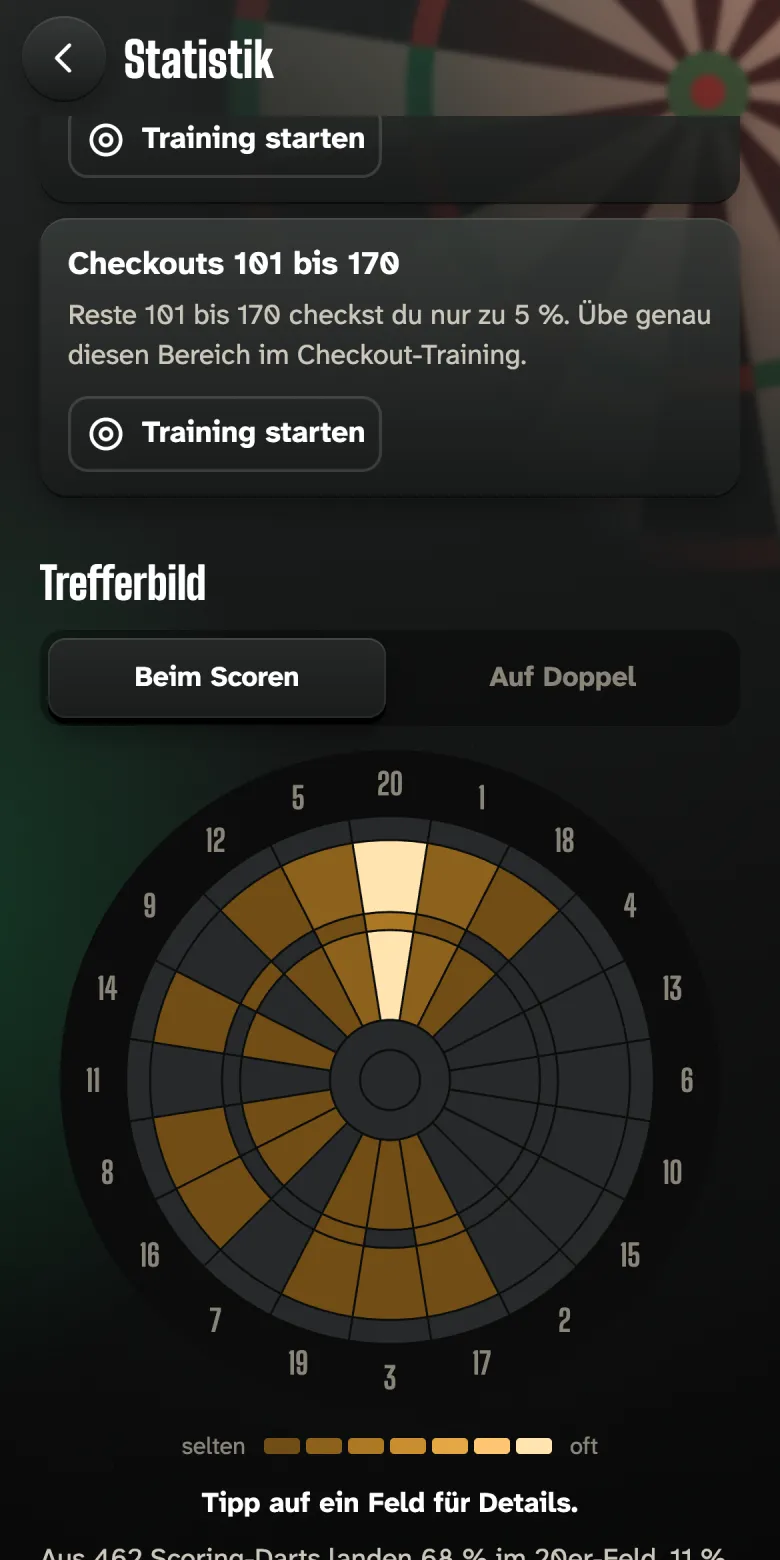 Statistik mit Trainingstipps und dem Trefferbild der Scheibe.